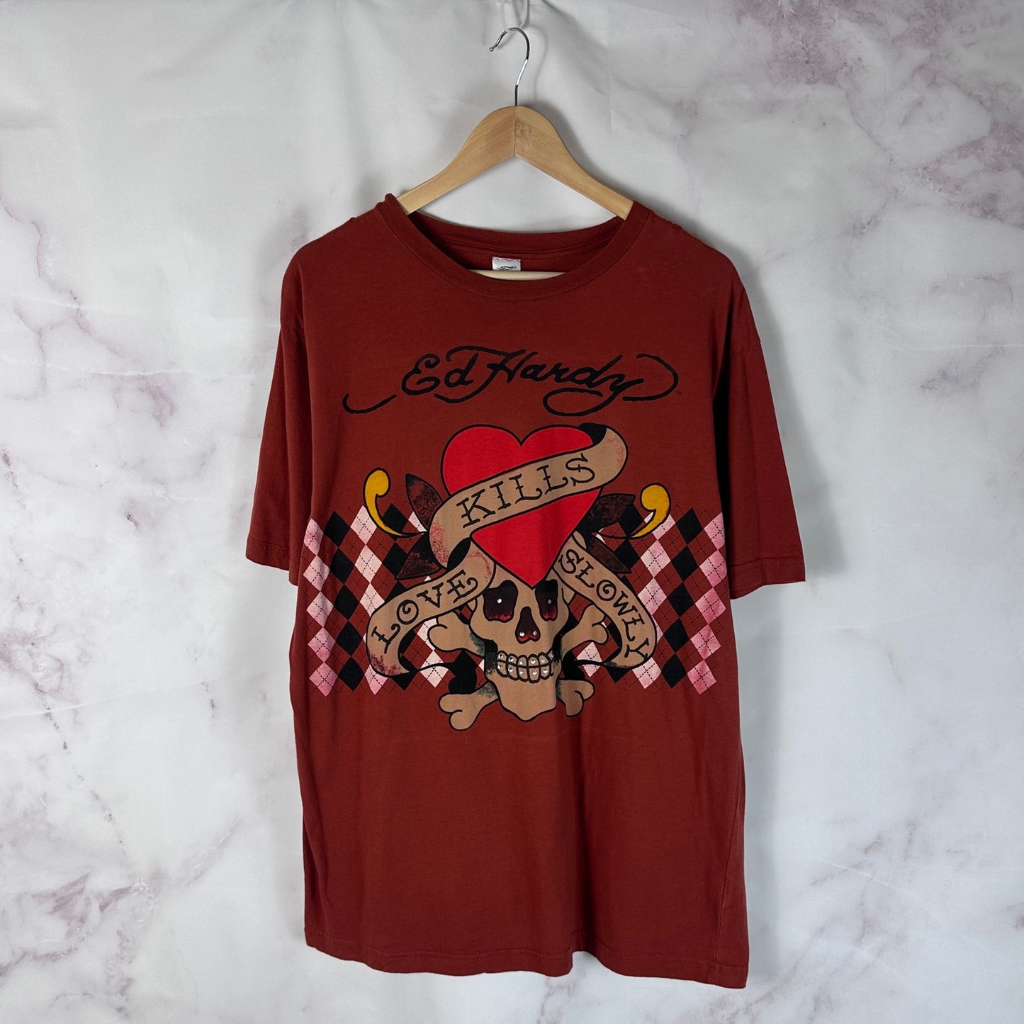 Ed Hardy Burnt Orange Love Kills Slowly Graphic Tee