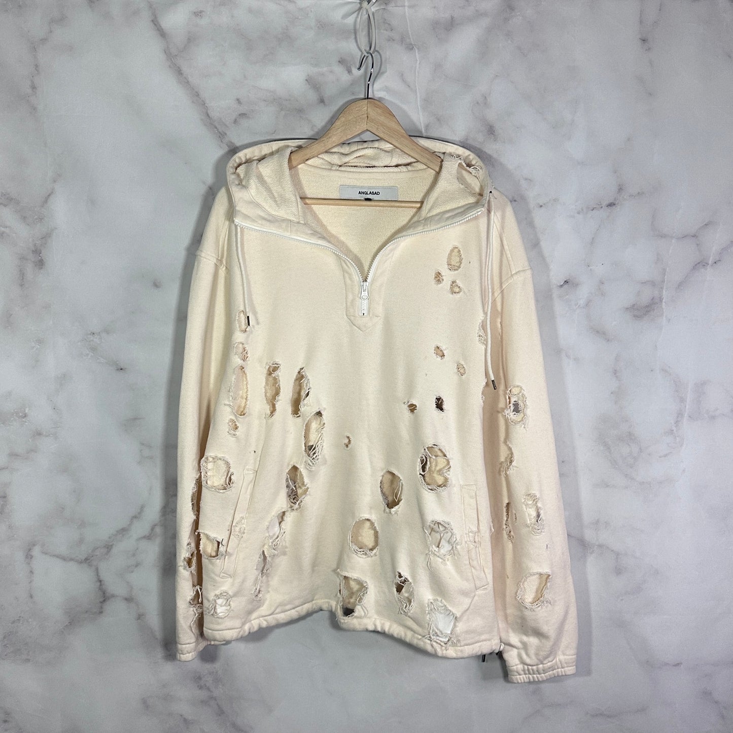 Anglasad Thrashed Cream Half-Zip Hoodie