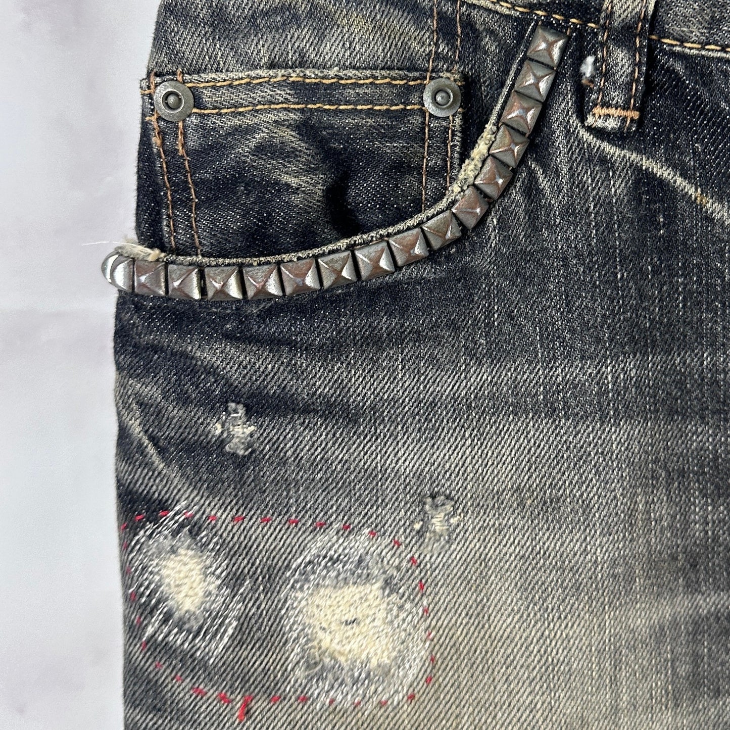 Hysteric Glamour Studded & Repaired Grey Denim Skirt