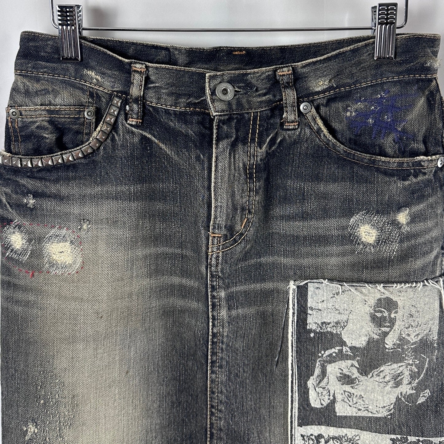 Hysteric Glamour Studded & Repaired Grey Denim Skirt
