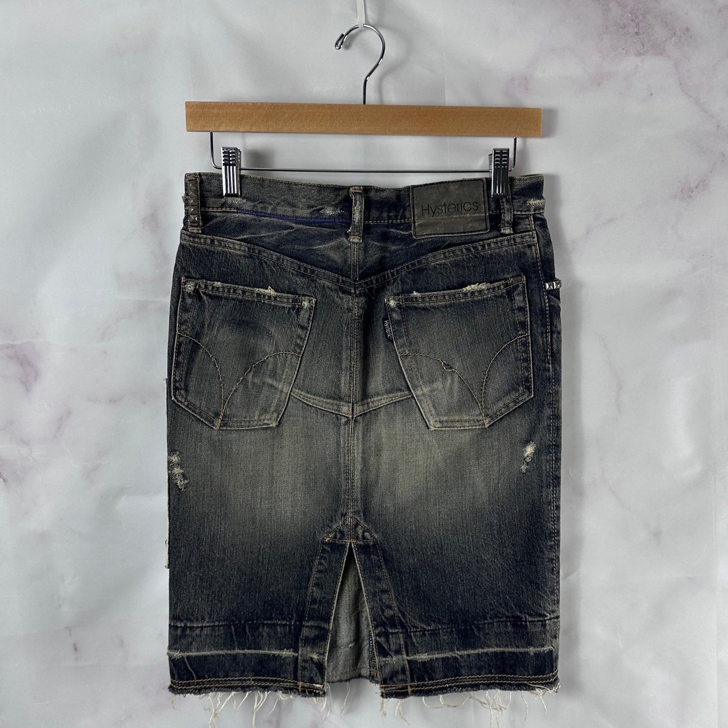 Hysteric Glamour Studded & Repaired Grey Denim Skirt
