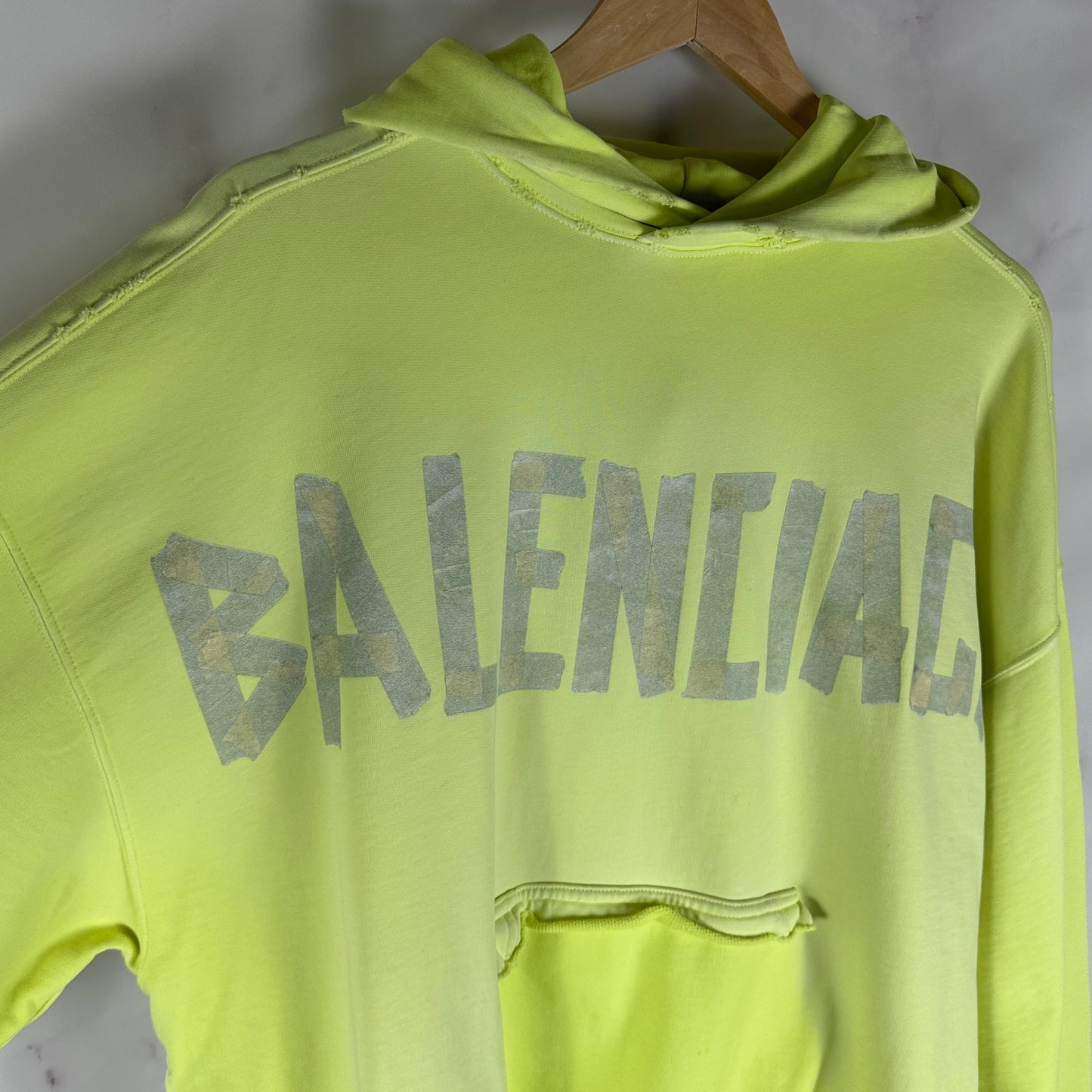 Balenciaga Tape Type Yellow Oversized Ripped Pocket Hoodie