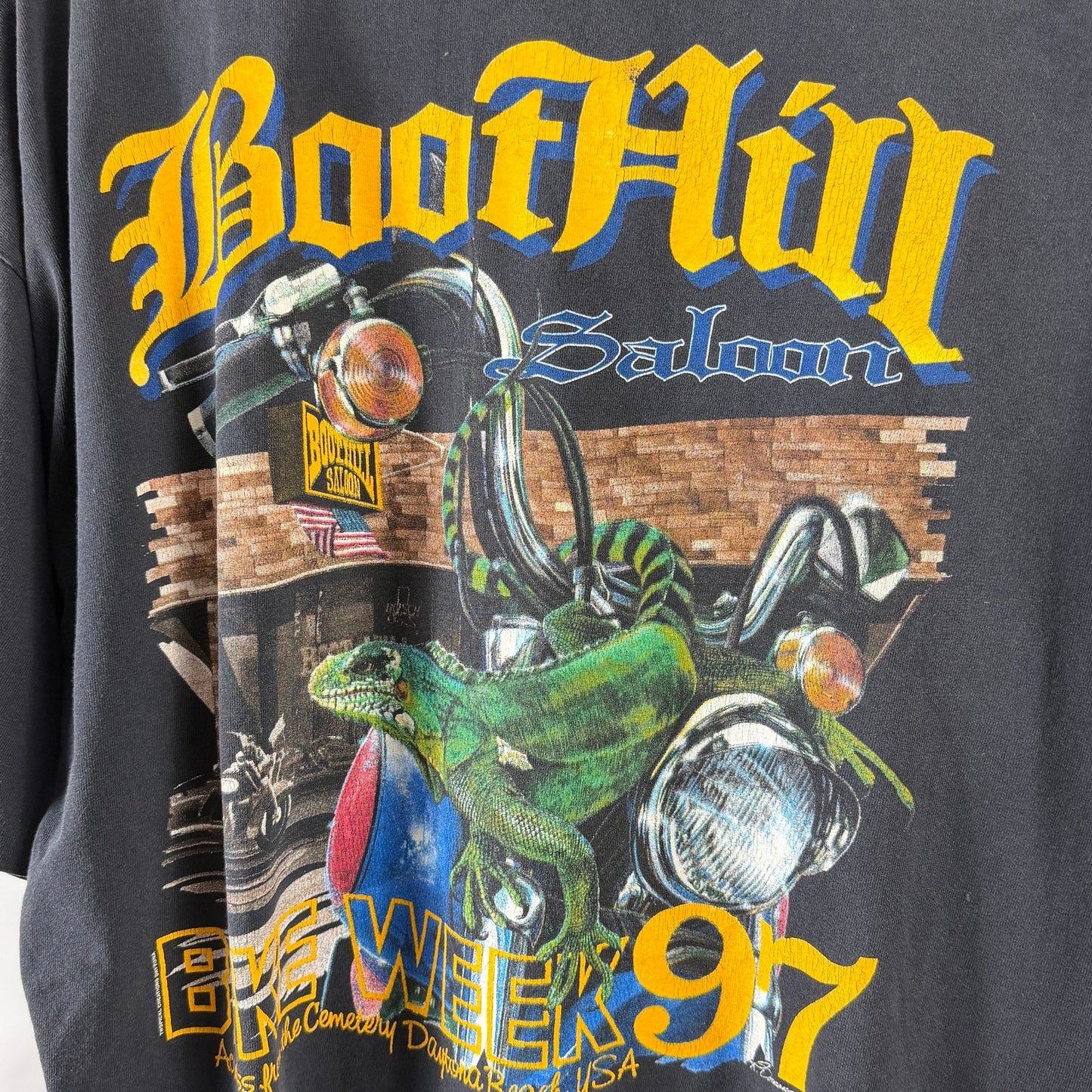 Vintage 1997 BootHill Saloon Daytona Bike Week Graphic Pocket Tee