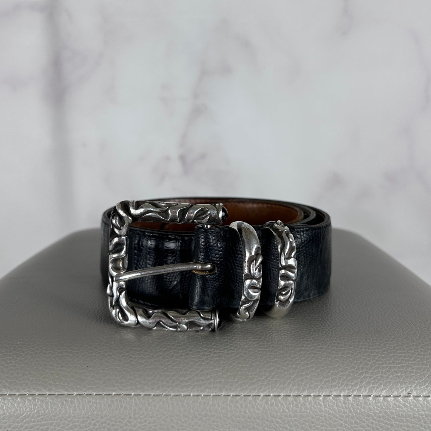 Claudio Calestani Handmade Iguana & Silver Buckle Belt